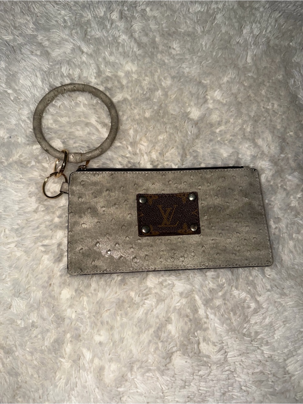 Louis Vuitton Gray Ostrich-Effect Wristlet Card Holder with Monogram Plaque